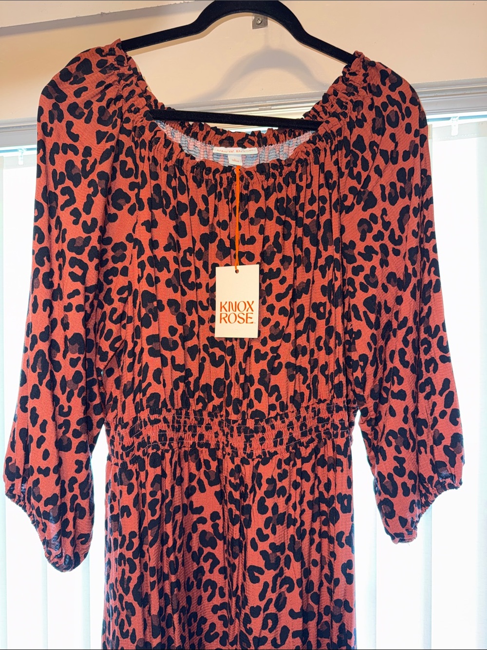Knox Rose Black and Rust Leopard Print Peasant Dress